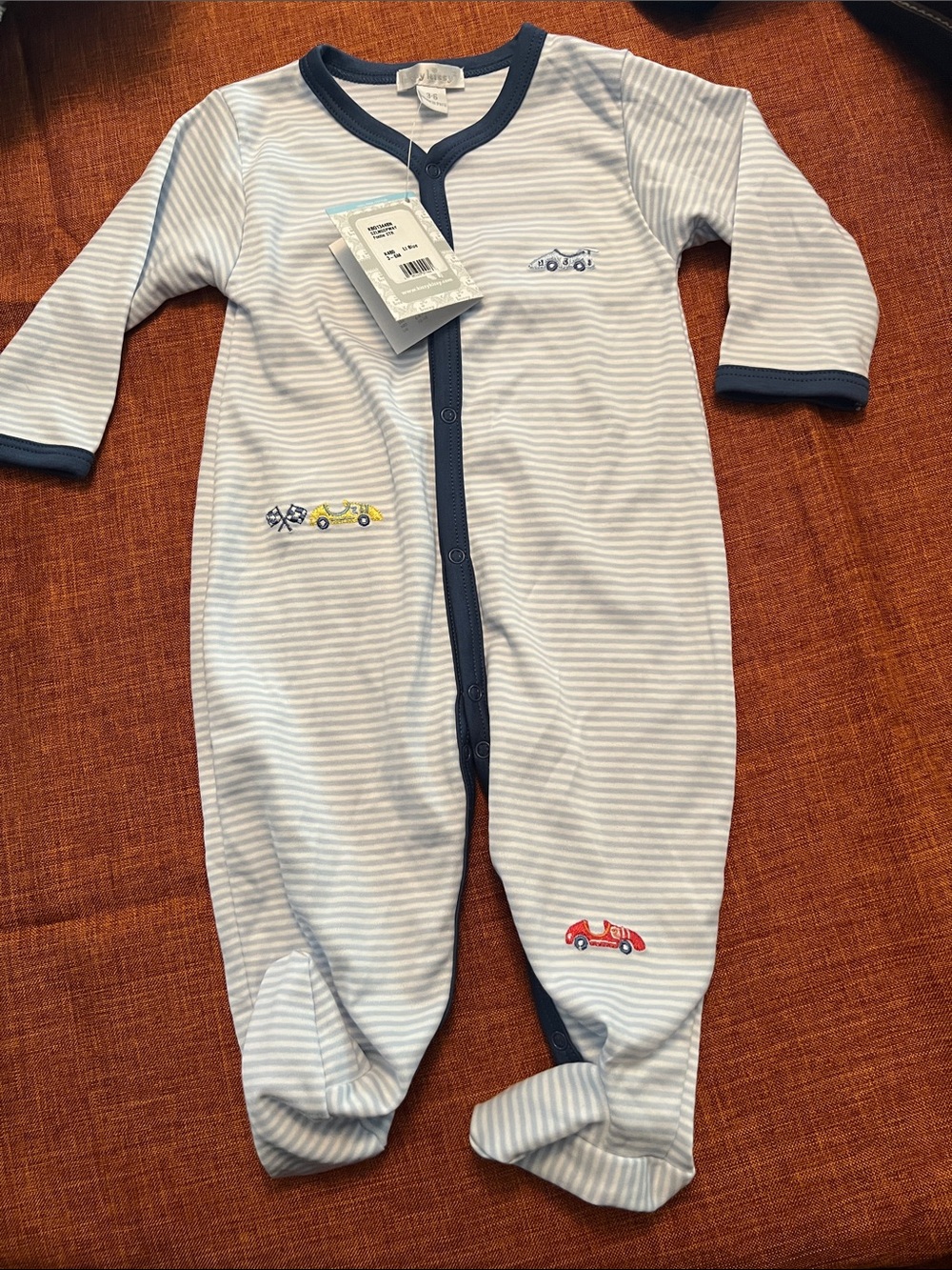 NWT Kissy Kissy Striped Light Blue Baby One-Piece with Car Embroidery